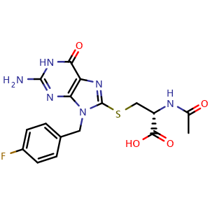 Chemical structure of (2R)-2-Acetamido-3-[[2-amino-9-[(4-fluorophenyl)methyl]-6-oxo-1H-purin-8-yl]sulfanyl]propanoic acid , CAS 2241669-86-1, AChemBlock U103779
