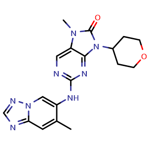 Chemical structure of 7-Methyl-2-((7-methyl-[1,2,4]triazolo[1,5-a]pyridin-6-yl)amino)-9-(tetrahydro-2H-pyran-4-yl)-7H-purin-8(9H)-one , CAS 2230820-11-6, AChemBlock U103841