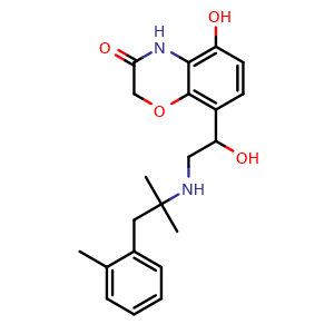 Chemical structure of 5-Hydroxy-8-(1-hydroxy-2-((2-methyl-1-(o-tolyl)propan-2-yl)amino)ethyl)-2H-benzo[b][1,4]oxazin-3(4H)-one , CAS 1202235-68-4, AChemBlock U103842