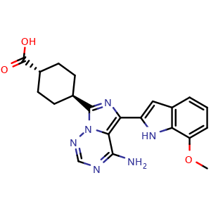 Chemical structure of Trans-4-[4-amino-5-(7-methoxy-1H-indol-2-yl)imidazo[5,1-f][1,2,4]triazin-7-yl]-cyclohexanecarboxylic acid , CAS 936890-98-1, AChemBlock U103844