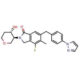 Chemical structure of 6-(4-(1H-pyrazol-1-yl)benzyl)-4-fluoro-2-((3S,4S)-4-hydroxytetrahydro-2H-pyran-3-yl)-5-methylisoindolin-1-one , CAS 1820812-16-5, AChemBlock U103845