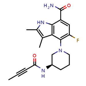 Chemical structure of (R)-4-(3-(but-2-ynamido)piperidin-1-yl)-5-fluoro-2,3-dimethyl-1H-indole-7-carboxamide , CAS 1912445-70-5, AChemBlock U103846