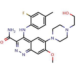 Chemical structure of 4-(2-fluoro-4-methylanilino)-6-[4-(2-hydroxyethyl)piperazin-1-yl]-7-methoxycinnoline-3-carboxamide , CAS 1041852-85-0, AChemBlock U103847