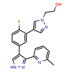 Chemical structure of 2-[4-[2-Fluoro-5-[3-(6-methylpyridine-2-yl)-1H-pyrazol-4-yl] phenyl] pyrazol-1-yl]ethanol , CAS 879487-87-3, AChemBlock U103848