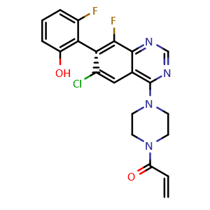 Chemical structure of (R)-1-(4-(6-Chloro-8-fluoro-7-(2-fluoro-6-hydroxyphenyl)quinazolin-4-yl)piperazin-1-yl)prop-2-en-1-one , CAS 1698055-86-5, AChemBlock U103849