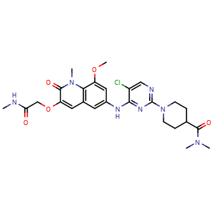 Chemical structure of 1-(5-Chloro-4-((8-methoxy-1-methyl-3-(2-(methylamino)-2-oxoethoxy)-2-oxo-1,2-dihydroquinolin-6-yl)amino)pyrimidin-2-yl)-N,N-dimethylpiperidine-4-carboxamide , CAS 2166387-64-8, AChemBlock U103850