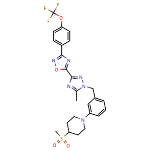 Chemical structure of 5-(5-methyl-1-(3-(4-(methylsulfonyl)piperidin-1-yl)benzyl)-1H-1,2,4-triazol-3-yl)-3-(4-(trifluoromethoxy)phenyl)-1,2,4-oxadiazole , CAS 1570496-34-2, AChemBlock U103851