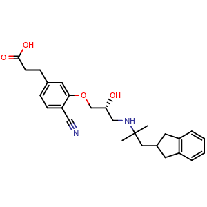 Chemical structure of (R)-3-(4-cyano-3-(3-((1-(2,3-dihydro-1H-inden-2-yl)-2-methylpropan-2-yl)amino)-2-hydroxypropoxy)phenyl)propanoic acid , CAS 351490-27-2, AChemBlock U103853