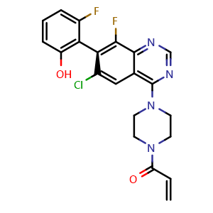 Chemical structure of (S)-1-(4-(6-chloro-8-fluoro-7-(2-fluoro-6-hydroxyphenyl)quinazolin-4-yl)piperazin-1-yl)prop-2-en-1-one , CAS 1698055-85-4, AChemBlock U103854