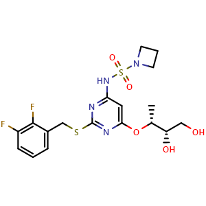 Chemical structure of N-(2-((2,3-difluorobenzyl)thio)-6-(((2R,3S)-3,4-dihydroxybutan-2-yl)oxy)pyrimidin-4-yl)azetidine-1-sulfonamide , CAS 878385-84-3, AChemBlock U103855