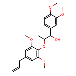 Chemical structure of 1-(3,4-dimethoxyphenyl)-2-(4-allly-2,6-dimethoxyphenoxy)propan-1-ol , CAS 41535-95-9, AChemBlock U103958