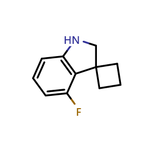 Chemical structure of 4'-Fluoro-1',2'-dihydrospiro[cyclobutane-1,3'-indole] , CAS 1240527-22-3, AChemBlock U104056