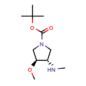 Chemical structure of tert-butyl (3S,4S)-3-methoxy-4-(methylamino)pyrrolidine-1-carboxylate , CAS 960316-16-9, AChemBlock U104152