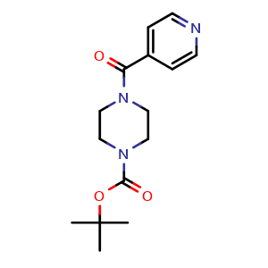 Chemical structure of Tert-butyl 4-isonicotinoylpiperazine-1-carboxylate , CAS 163838-89-9, AChemBlock U104420