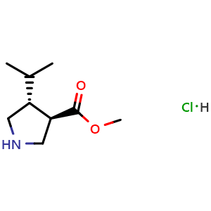 Chemical structure of trans (+/-) 4-Isopropylpyrrolidine-3-carboxylic acid methyl ester hydrochloride , CAS 1820575-33-4, AChemBlock U104519