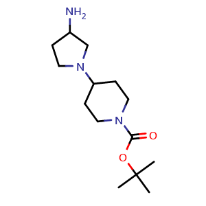 Chemical structure of 1-N-Boc 4-(3-aminopyrrolidin-1-yl) piperidine , CAS 885274-89-5, AChemBlock U104971