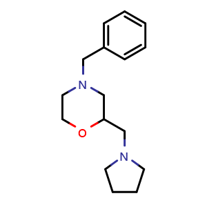 Chemical structure of 4-Benzyl-2-((pyrrolidin-1-yl)methyl) morpholine , CAS 635699-06-8, AChemBlock U104975