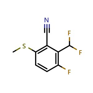 Chemical structure of 2-(Difluoromethyl)-3-fluoro-6-methylsulfanyl-benzonitrile , CAS 1672663-81-8, AChemBlock U105084