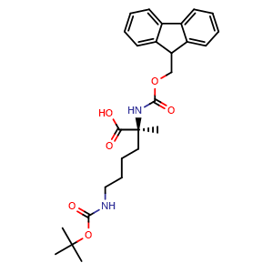 Chemical structure of (S)-2-((((9H-fluoren-9-yl)methoxy)carbonyl)amino)-6-((tert-butoxycarbonyl)amino)-2-methylhexanoic acid , CAS 1202003-49-3, AChemBlock U105143