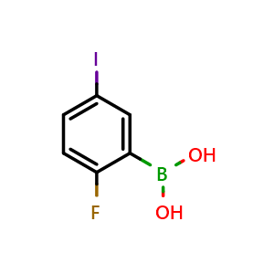 Chemical structure of 2-Fluoro-5-iodophenylboronic acid , CAS 866683-41-2, AChemBlock U105263