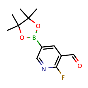 Chemical structure of 2-Fluoro-5-(4,4,5,5-tetramethyl-1,3,2-dioxaborolan-2-yl)nicotinaldehyde , CAS 1333319-63-3, AChemBlock U105312