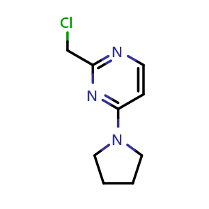 Chemical structure of 2-(Chloromethyl)-4-(pyrrolidin-1-yl)pyrimidine , CAS 748733-00-8, AChemBlock U105318