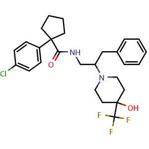 Chemical structure of 1-(4-chlorophenyl)-N-(2-(4-hydroxy-4-(trifluoromethyl)piperidin-1-yl)-3-phenylpropyl)cyclopentanecarboxamide , CAS 1917294-46-2, AChemBlock U105471