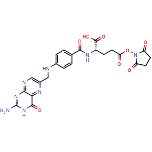 Chemical structure of N-[4-[[(2-amino-3,4-dihydro-4-oxo-6-pteridinyl)methyl]amino]benzoyl]-L-glutamic acid 5-(2,5-dioxo-1-pyrrolidinyl) ester , CAS 153445-05-7, AChemBlock U105812