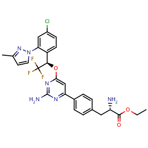 Chemical structure of ethyl (2S)-2-amino-3-{4-[2-amino-6-({(1R)-1-[4-chloro-2-(3-methyl-1H-pyrazol-1-yl)phenyl]-2,2,2-trifluoroethyl}oxy)-4-pyrimidinyl]phenyl}propanoate , CAS 1033805-22-9, AChemBlock U105830