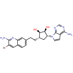 Chemical structure of (1S,2R,3S,5R)-3-[2-(2-amino-3-bromoquinolin-7-yl)ethyl]-5-{4-amino-7H-pyrrolo[2,3-d]pyrimidin-7-yl}cyclopentane-1,2-diol , CAS 2086772-26-9, AChemBlock U105832