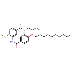 Chemical structure of N-butyl-3-(4-(decyloxy)benzamido)-4-(methylthio)benzamide , CAS 135239-65-5, AChemBlock U105908