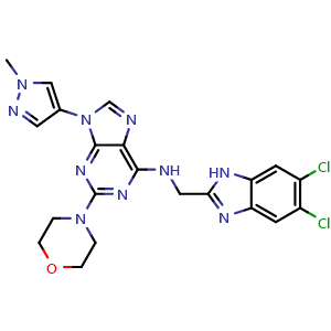 Chemical structure of N-((5,6-Dichloro-1H-benzo[d]imidazol-2-yl)methyl)-9-(1-methyl-1H-pyrazol-4-yl)-2-morpholino-9H-purin-6-amine , CAS 2387704-62-1, AChemBlock U105918
