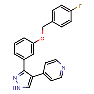 Chemical structure of 4-(3-(3-((4-fluorobenzyl)oxy)phenyl)-1H-pyrazol-4-yl)pyridine , CAS 1639933-78-0, AChemBlock U105920