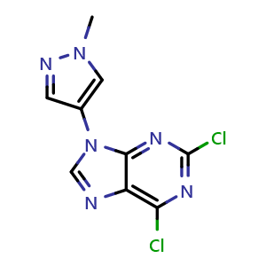 Chemical structure of 2,6-Dichloro-9-(1-methyl-1H-pyrazol-4-yl)-9H-purine , CAS 2387704-79-0, AChemBlock U105921