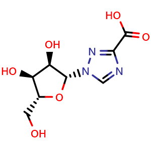 Chemical structure of 1-((2R,3R,4S,5R)-3,4-dihydroxy-5-(hydroxymethyl)tetrahydrofuran-2-yl)-1H-1,2,4-triazole-3-carboxylic acid , CAS 39925-19-4, AChemBlock U105929