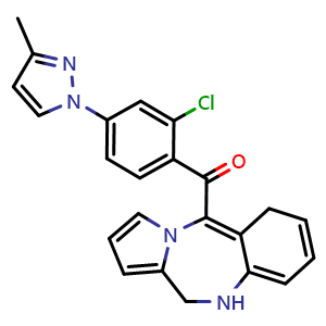 Chemical structure of (2-chloro-4-(3-methyl-1H-pyrazol-1-yl)phenyl)(10,11-dihydro-6H-benzo[e]pyrrolo[1,2-a][1,4]diazepin-5-yl)methanone , CAS 220460-92-4, AChemBlock U105933