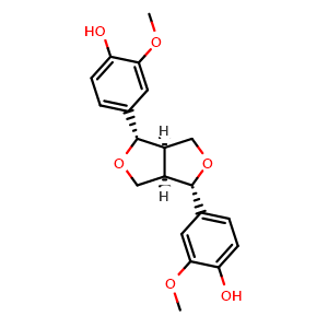 Chemical structure of 4,4'-((1S,3aR,4S,6aR)-tetrahydro-1H,3H-furo[3,4-c]furan-1,4-diyl)bis(2-methoxyphenol) , CAS 487-36-5, AChemBlock U106026