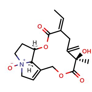 Chemical structure of (6R,9a1R,14aR,Z)-3-ethylidene-6-hydroxy-6-methyl-5-methylene-2,7-dioxo-2,3,4,5,6,7,9,9a1,11,13,14,14a-dodecahydro-12H-[1,6]dioxacyclododecino[2,3,4-gh]pyrrolizine 12-oxide , CAS 38710-26-8, AChemBlock U106030