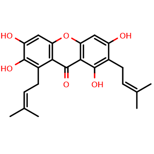 Chemical structure of 1,3,6,7-tetrahydroxy-2,8-bis(3-methylbut-2-en-1-yl)-9H-xanthen-9-one , CAS 31271-07-5, AChemBlock U106207