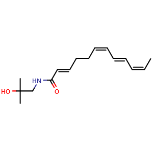 Chemical structure of (2E,6Z,8E,10Z)-N-(2-Hydroxy-2-methylpropyl)-2,6,8,10-dodecatetraenamide , CAS 252193-26-3, AChemBlock U106245