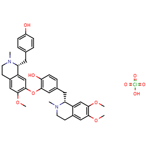 Chemical structure of 4-(((R)-6,7-dimethoxy-2-methyl-1,2,3,4-tetrahydroisoquinolin-1-yl)methyl)-2-(((R)-1-(4-hydroxybenzyl)-6-methoxy-2-methyl-1,2,3,4-tetrahydroisoquinolin-7-yl)oxy)phenol perchlorate , CAS 2385-63-9, AChemBlock U106273