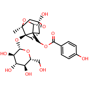 Chemical structure of Oxypaeoniflorin , CAS 39011-91-1, AChemBlock U106686