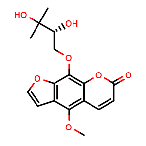Chemical structure of 9-[(2R)-2,3-dihydroxy-3-methyl-butoxy]-4-methoxy-furo[3,2-g]chromen-7-one , CAS 482-25-7, AChemBlock U106733