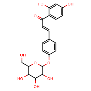 Chemical structure of (E)-1-(2,4-dihydroxyphenyl)-3-(4-((3,4,5-trihydroxy-6-(hydroxymethyl)tetrahydro-2H-pyran-2-yl)oxy)phenyl)prop-2-en-1-one , CAS 7014-39-3, AChemBlock U106906