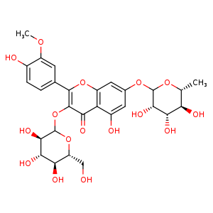 Chemical structure of Isorhamnetin 3-glucoside-7-rhamnoside , CAS 17331-71-4, AChemBlock U107164