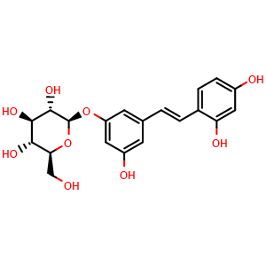 Chemical structure of Oxyresveratrol 3'-O-β-D-glucopyranoside , CAS 144525-40-6, AChemBlock U107183