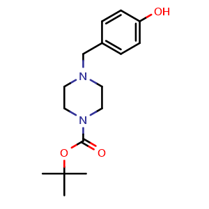 Chemical structure of tert-Butyl 4-(4-hydroxybenzyl)piperazine-1-carboxylate , CAS 77278-44-5, AChemBlock U107531