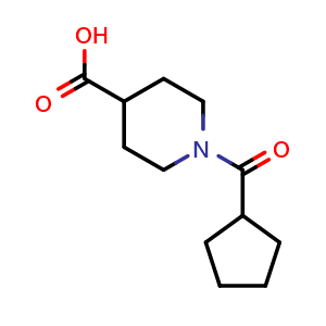 Chemical structure of 1-(Cyclopentanecarbonyl)-piperidine-4-carboxylic acid , CAS 147636-33-7, AChemBlock U107827