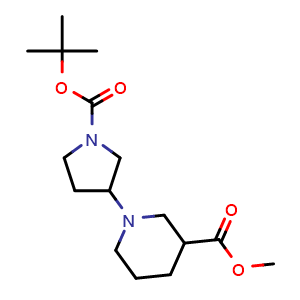 Chemical structure of Methyl 1-(1-(tert-cbutoxycarbonyl)pyrrolidin-3-yl)piperidine-3-carboxylate , CAS 1824267-04-0, AChemBlock U107888