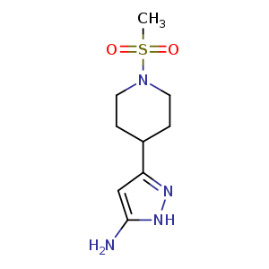 Chemical structure of 4-(5-Amino-1H-pyrazol-3-yl)-1-(methylsulfonyl)piperidine , CAS 1401222-81-8, AChemBlock U107918